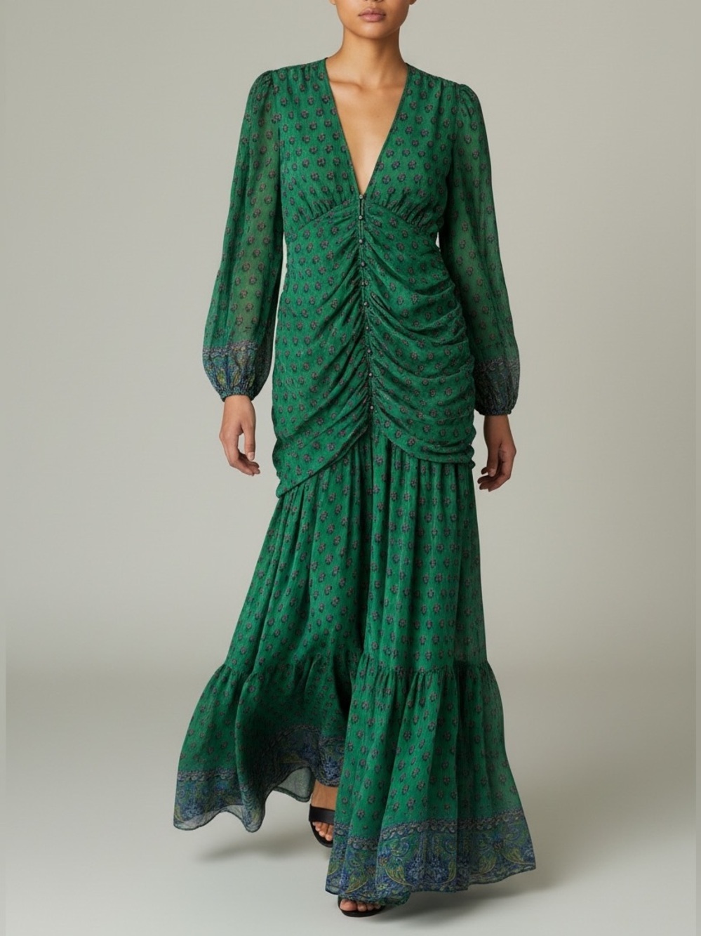 Veronica Beard Silk Maxi Dress – Green Floral Ruched Long Sleeve Gown Size 4